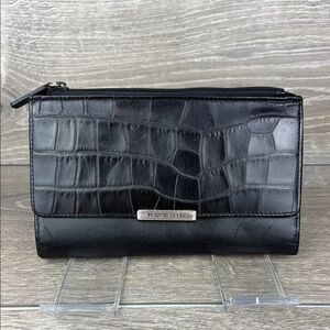 Fossil Black Avenue Croc-Embossed Leather Snap Open Tri-Fold Clutch Wallet